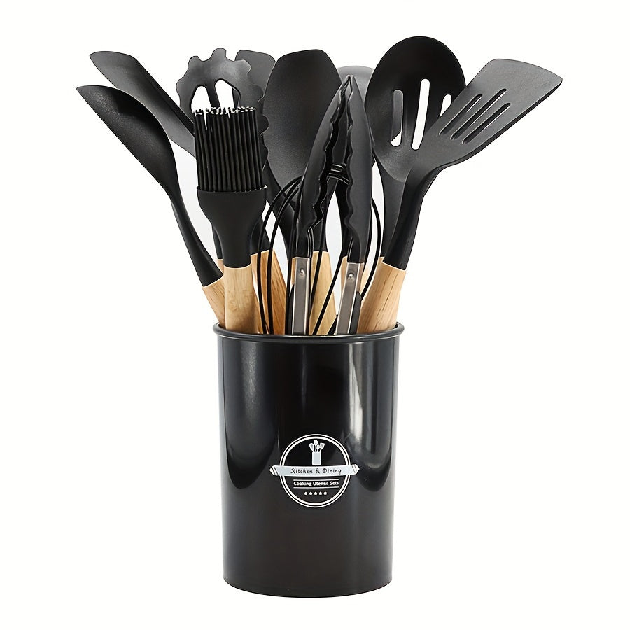 Set of 11/12 pieces Kitchenware with Wooden Handles, including Silicone Non-stick Pot, Cooking Shovel, Spoon, Storage Bucket, and Non-stick Shovel. An essential collection of high-quality kitchen utensils and items.