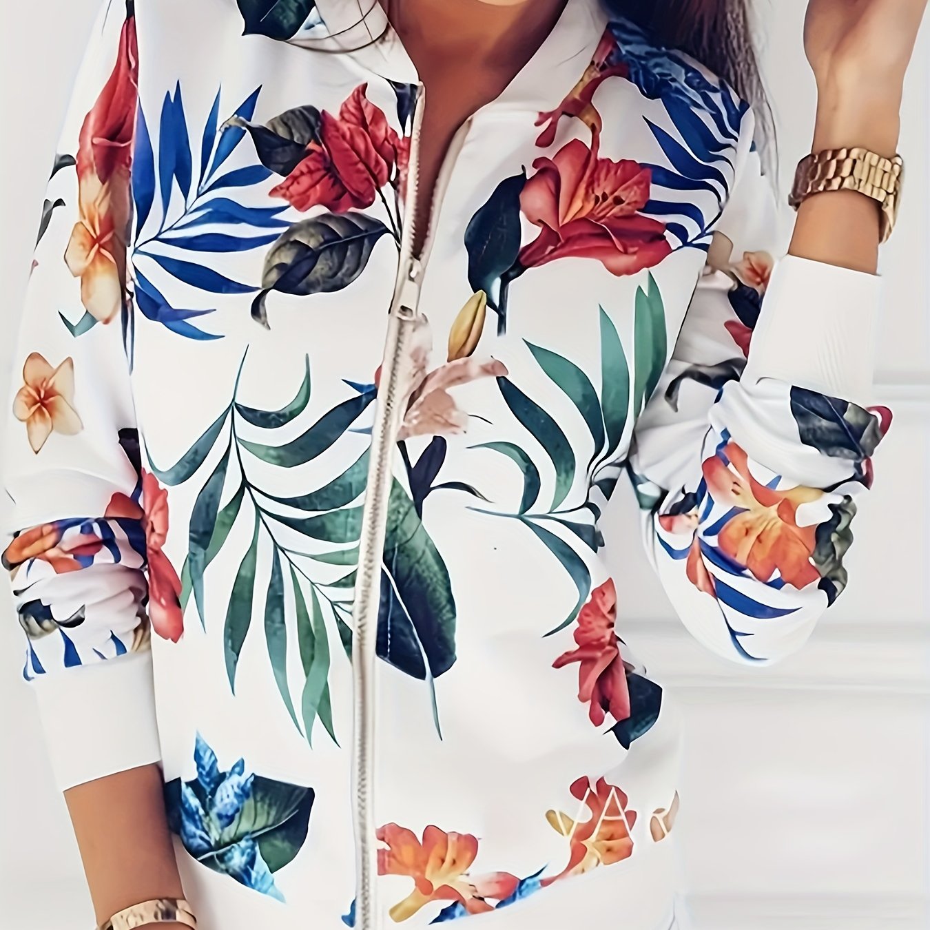 Floral Full Zipper Jacket for Fall & Winter, Plus Size Women's Clothing