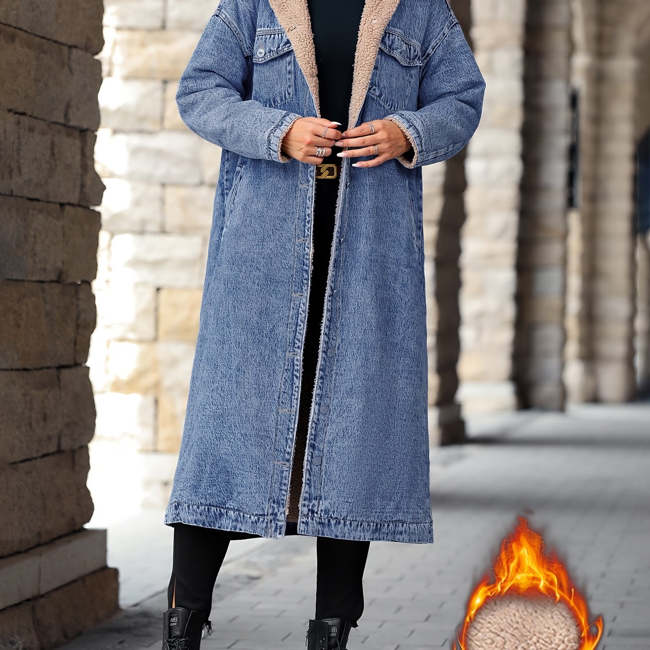 Morin Elegant Plus-Size Fleece-Lined Denim Jacket - Chic, Cozy Outerwear for Fall/Winter, Machine Washable, Soft Texture