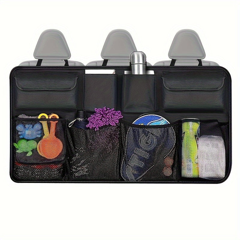 1pc Durable Polyester Car Trunk & Seat Organizer with 8 pockets and adjustable straps for organizing tools, bottles, and accessories.