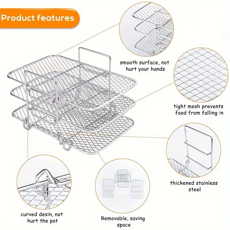 Enhanced Air Fryer Rack made of stainless steel, featuring a multi-tier dehydrator stand with a sleek, tight mesh and curved design. Easily stackable and removable, compatible with NINJA Fryers. Includes an oil brush for added convenience.