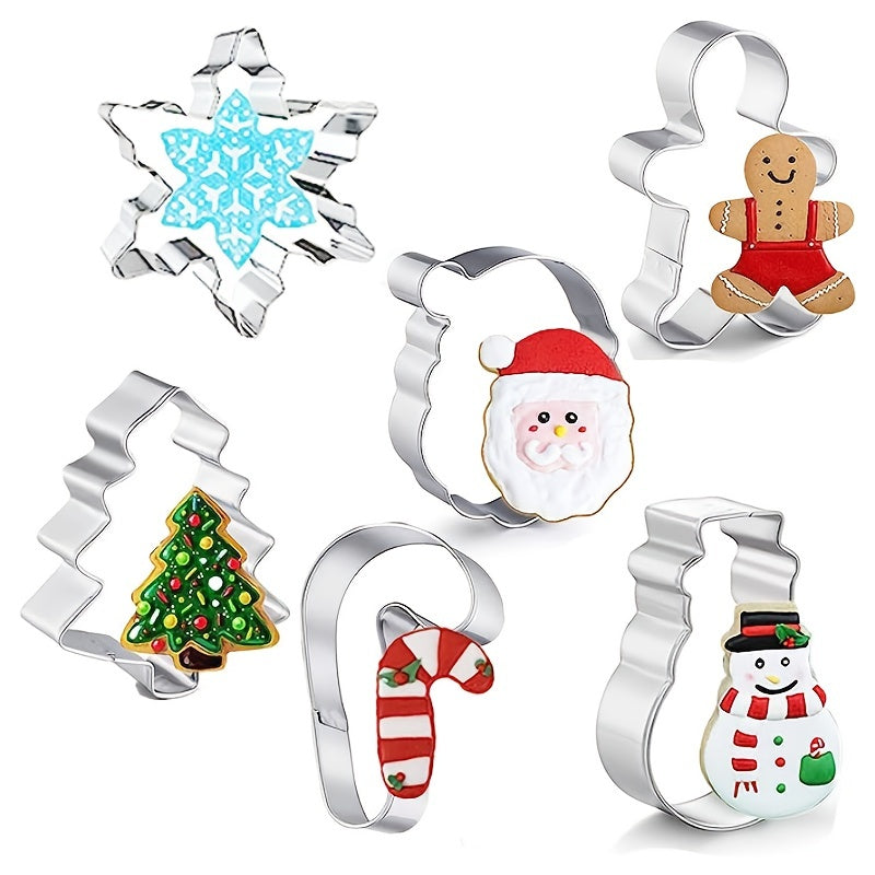 Set of 6 Christmas-themed stainless steel cookie cutters, ideal for making pastries and biscuits. Includes a variety of shapes for holiday baking. Perfect addition to any kitchen tool collection.