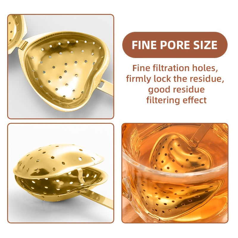 This collection features 1/5 golden heart-shaped stainless steel tea infusers, designed for brewing loose tea, roses, coffee, and spices. A perfect addition to any home and a thoughtful gift for the holidays, these infusers are ideal for giving to a