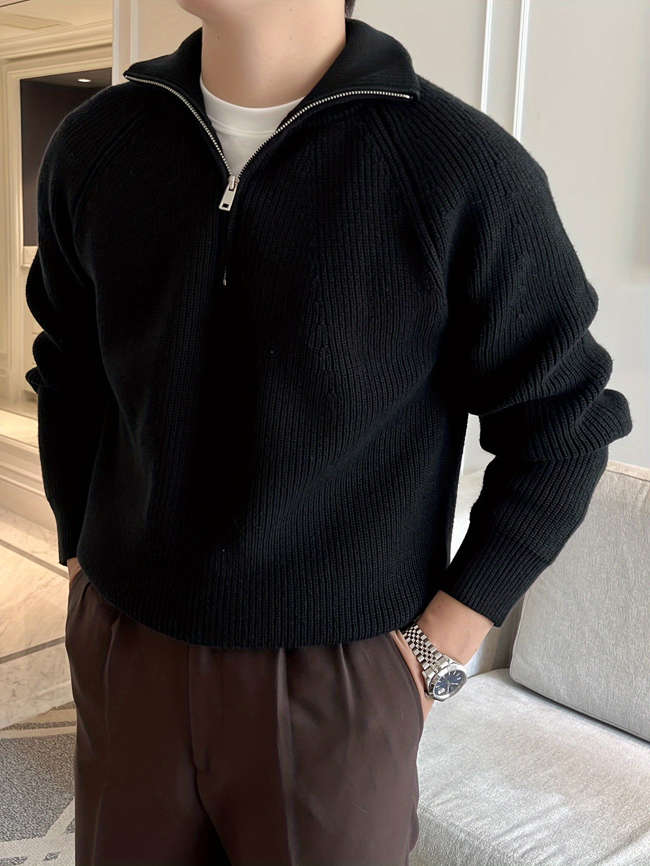 Men's knitted sweater with long sleeves, half zipper, and lapel for winter and fall.