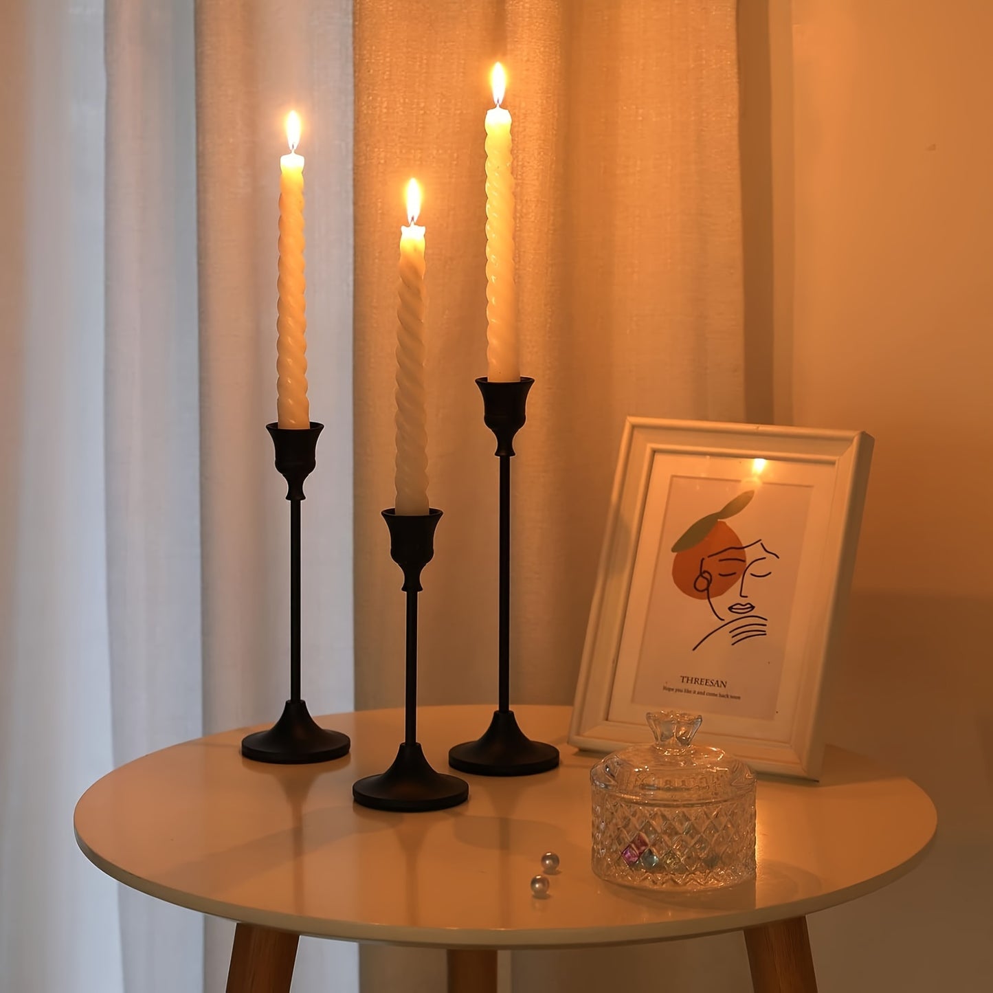 Set of 3 elegant metal candle holders, perfect for special occasions and home decor. Ideal for parties and events. Candles not included.