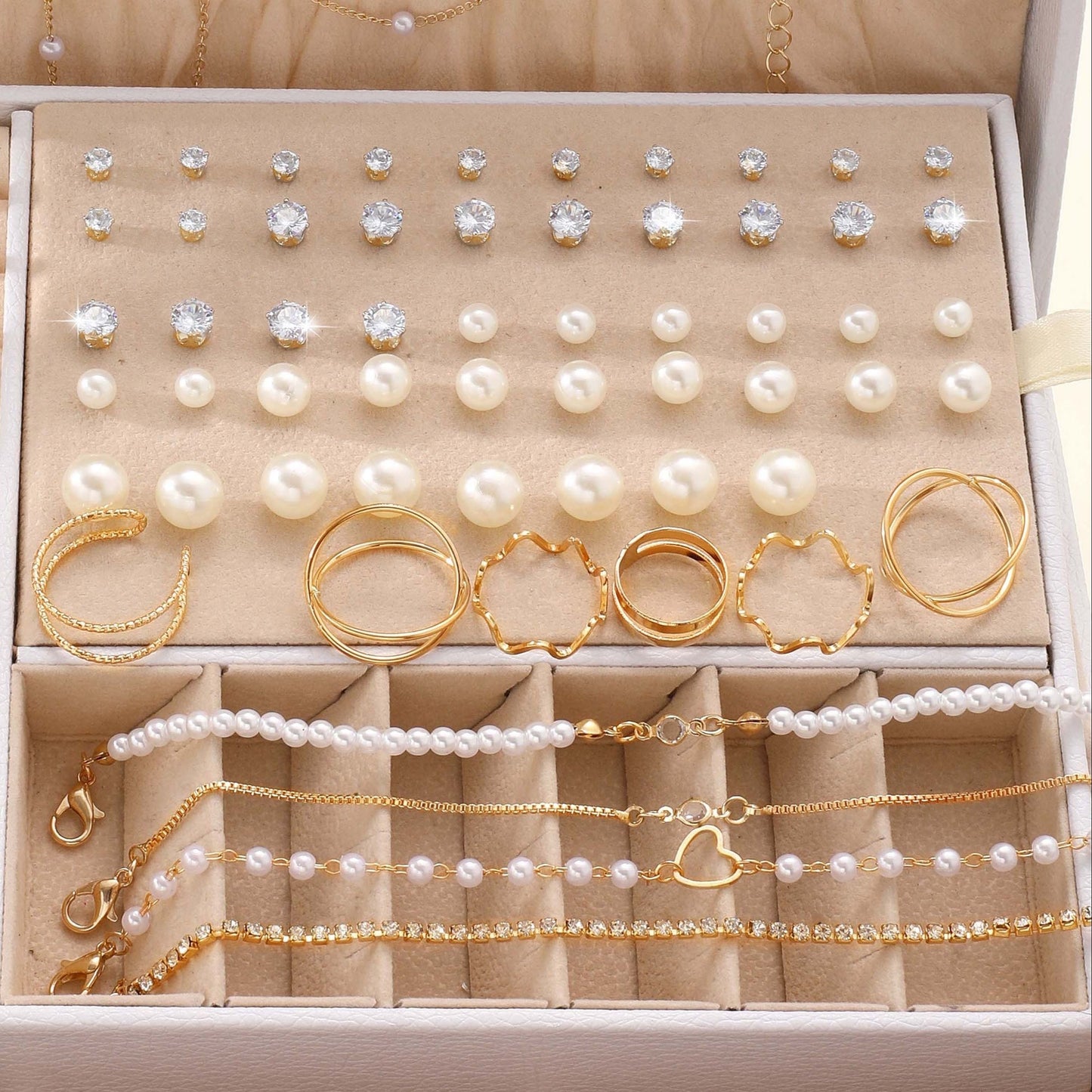 Chic jewelry set featuring 83 rings, stud earrings, necklaces, and bracelets adorned with inlaid faux pearls. Perfect for matching daily outfits, accessorizing parties, or adding a touch of style to casual dating attire. (Note: Does not come with a box)