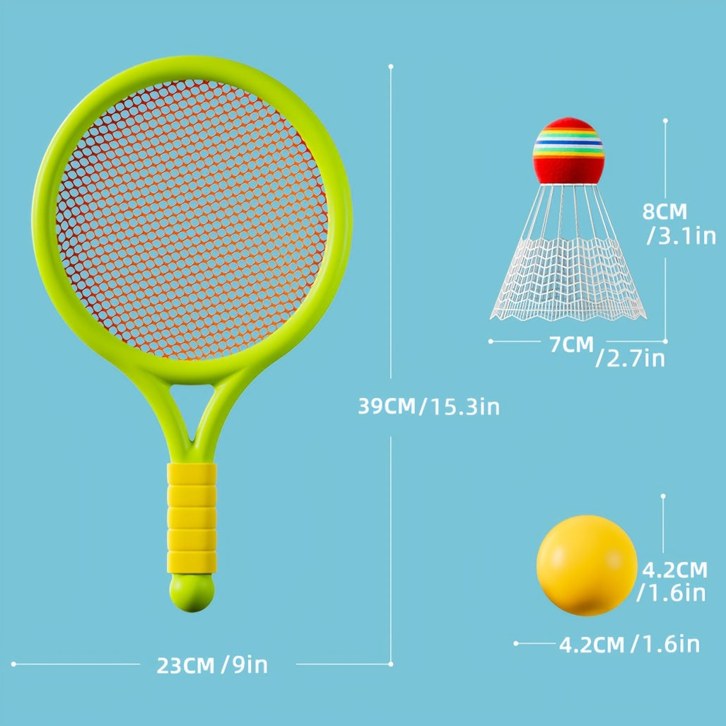 Kids badminton and tennis racket set for ages 3-6. Interactive outdoor family sports game. Educational coordination play toys made of durable plastic with anti-slip soft handle.