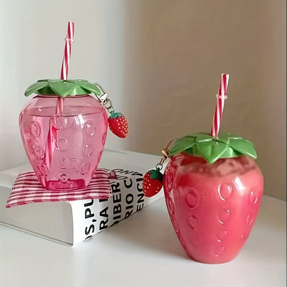 Cute transparent strawberry tumbler with lid and straw, perfect for milk tea or fruit drinks. Great for parties and on-the-go.