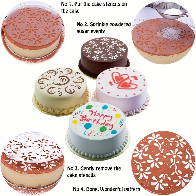 Cake Decoration Mold Set includes 4 pieces of plastic templates for spray cake designs. Perfect for decorating cakes, biscuits, sugar cubes, desserts, and more. A versatile baking tool and kitchen accessory.