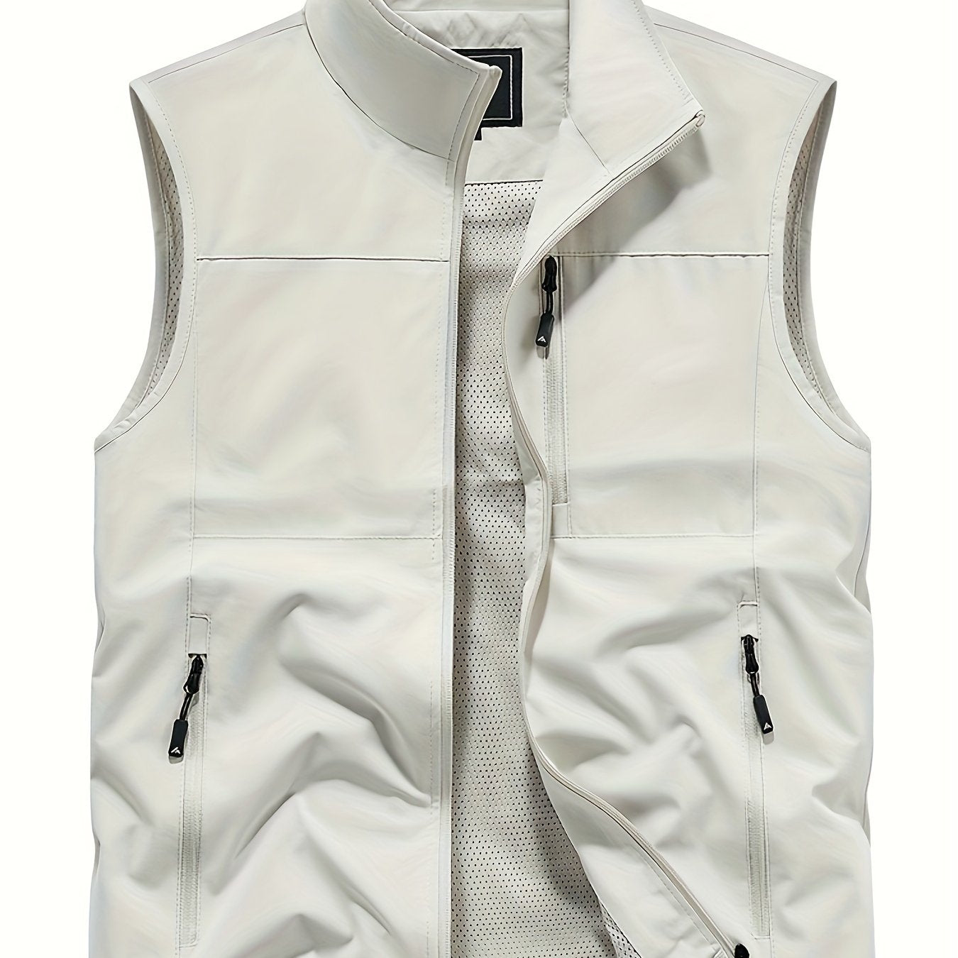 Polyester Sleeveless Vest for Men: Black, Multi-Pocket Design, Zipper Closure, Mesh Lining - Ideal for Spring/Autumn Outdoor Wear.