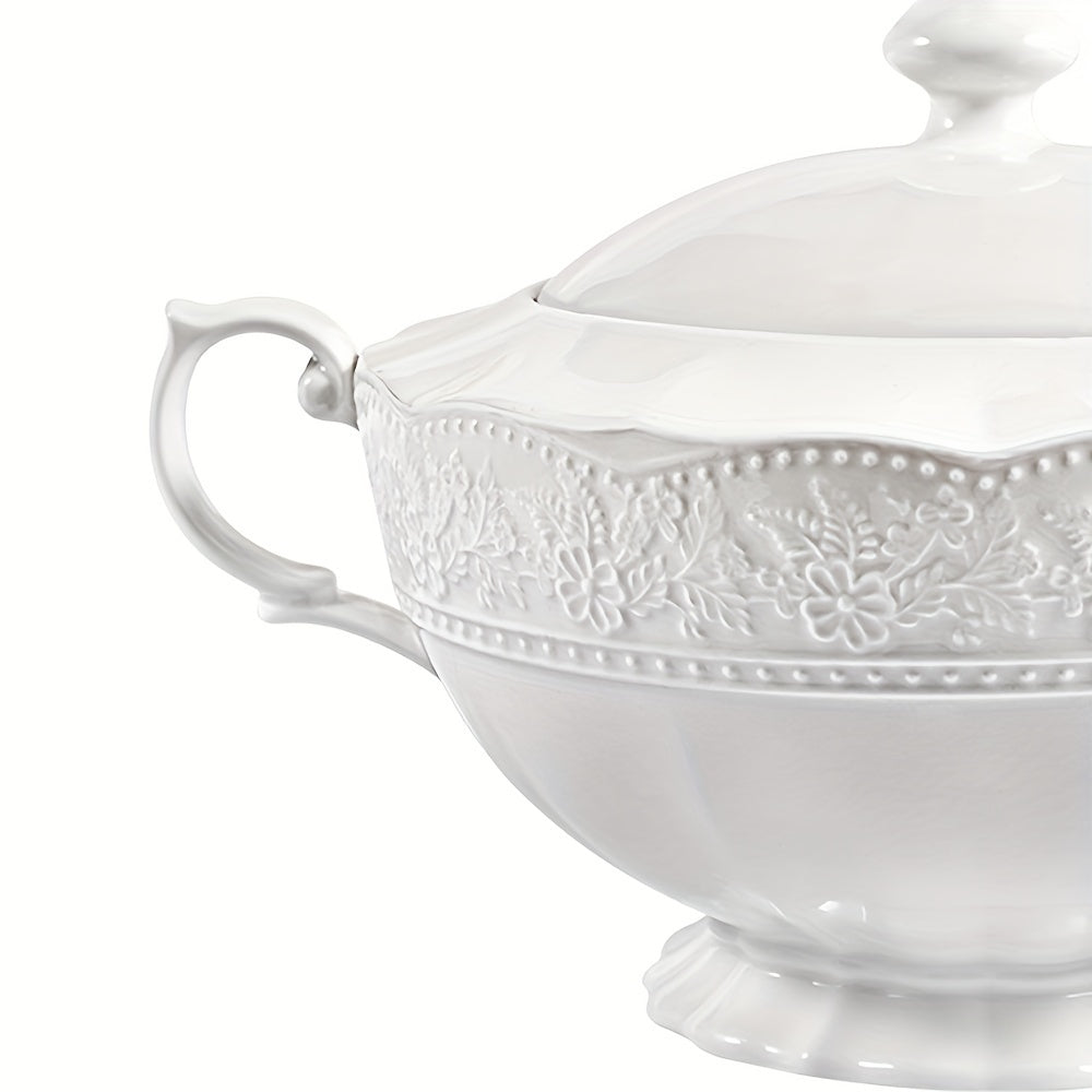 Beautiful White Ceramic Soup Tureen with Lid and Handle - Ideal for Use at Home, Restaurants, and Parties