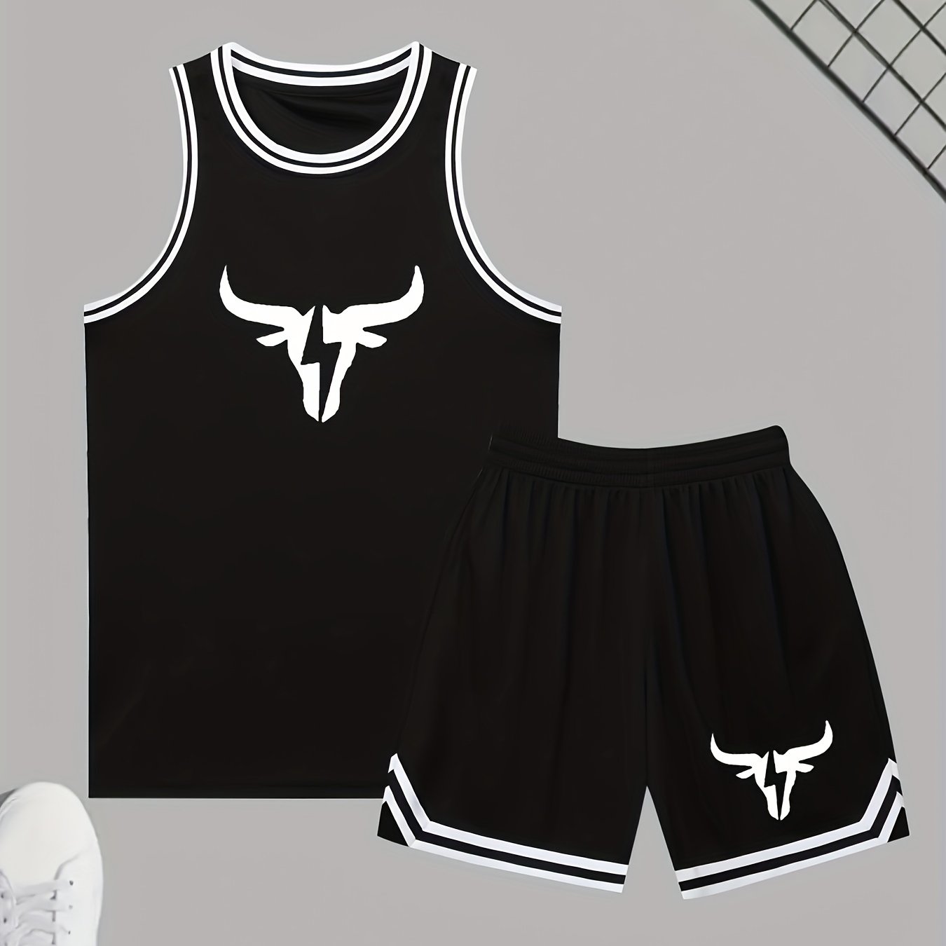 Men's athletic tank top and shorts set made of polyester knit fabric with slight stretch. Features a casual sports style, solid color with logo detail, and all-season loose fit activewear.