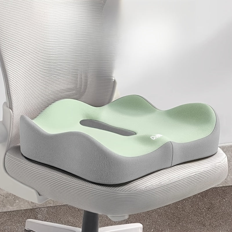 Ergonomic memory foam cushion supports tailbone and back for various seats, hand washable, mixed colors.