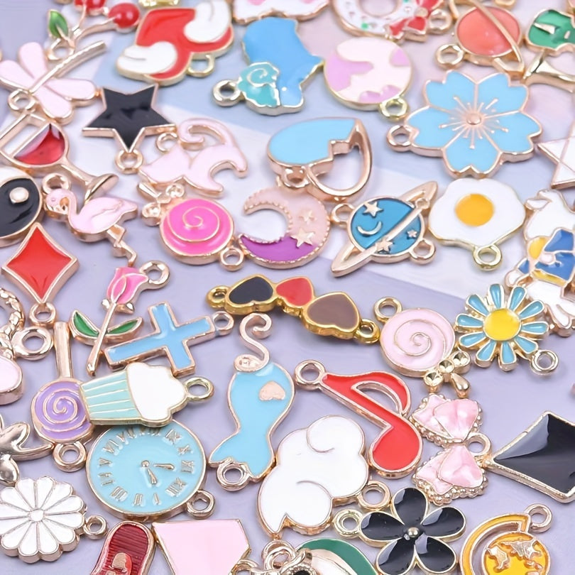 Assorted packs of cute floating charms available in quantities of 30, 50, or 100. Perfect for crafting jewelry or DIY lockets, with a variety of flowers and heart charms included.