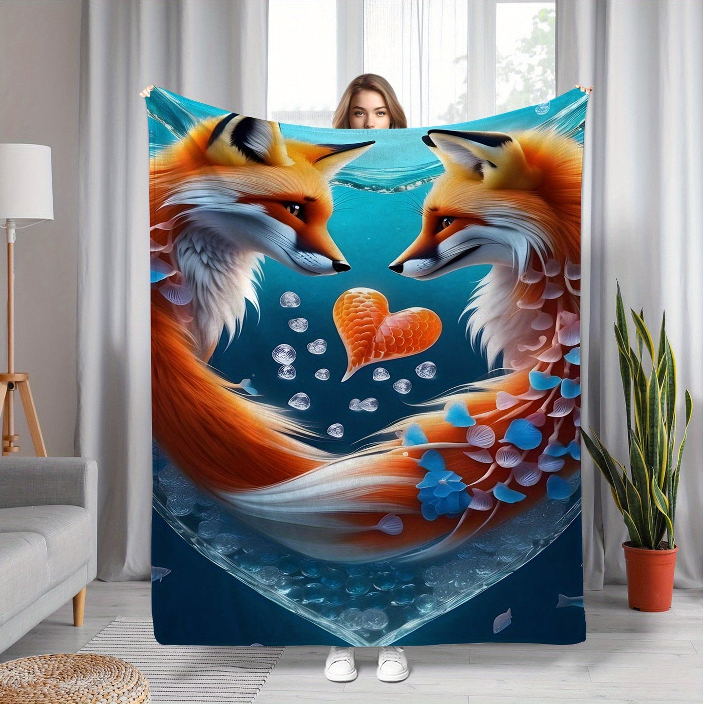 Our versatile Love Fox Print Soft Throw Blanket is the perfect all-season gift. Featuring a contemporary style and made from cozy polyester flannel, this blanket is adorned with a digital print of foxes. It is machine washable and has a fabric weight of