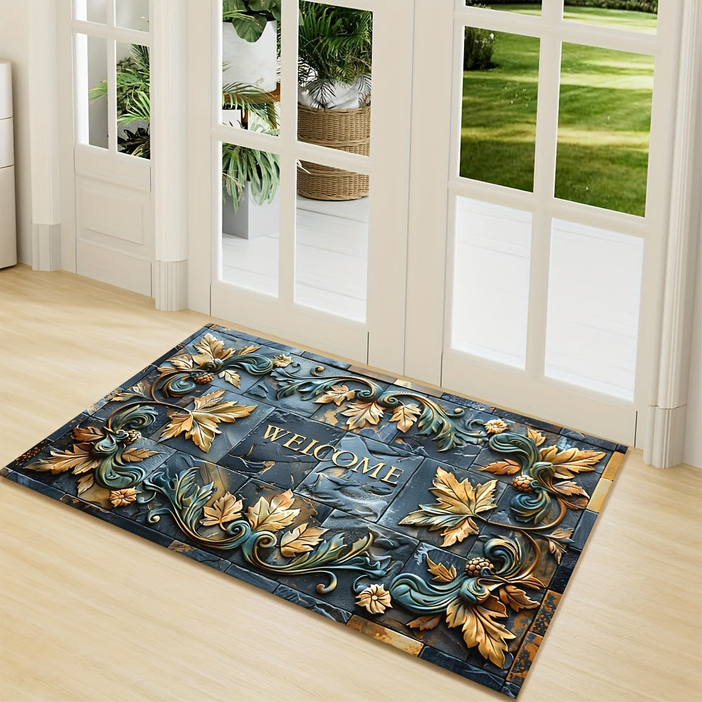 Introducing the 3D Realistic Stone Pattern Mat with Plant Relief, crafted with a 6mm thick layer of 100% polyester material. This luxurious mat boasts a plastic dot bottom and finely locked edges, weighing 800 grams per square meter. Its slip-resistant