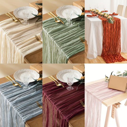 Polyester crinkle table runner for rustic wedding decor.