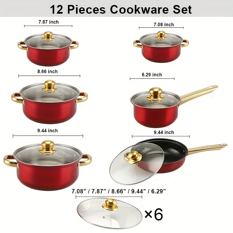 Set of 12 Sturdy Stainless Steel Pots and Pans with Glass Lids - Multifunctional Cookware Collection for the Kitchen