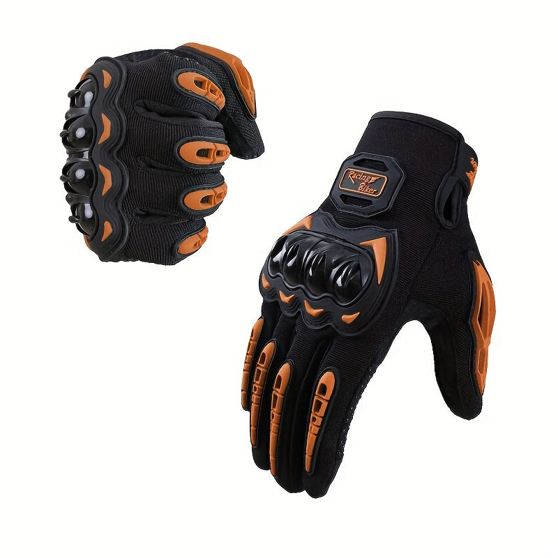 Spring and summer riding gloves made of knitted polyester with touch screen compatibility, hard shell protection, and hook & loop closure.