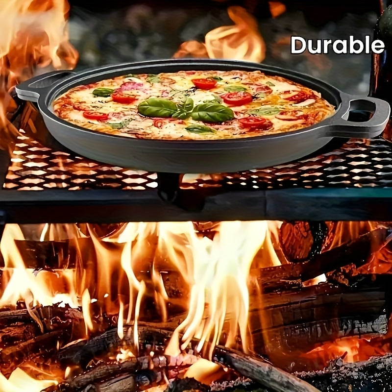 Multi-function cast iron griddle skillet for pizza, BBQ, and pancakes. Non-stick pan suitable for all stovetops. Ideal for home and outdoor cooking.