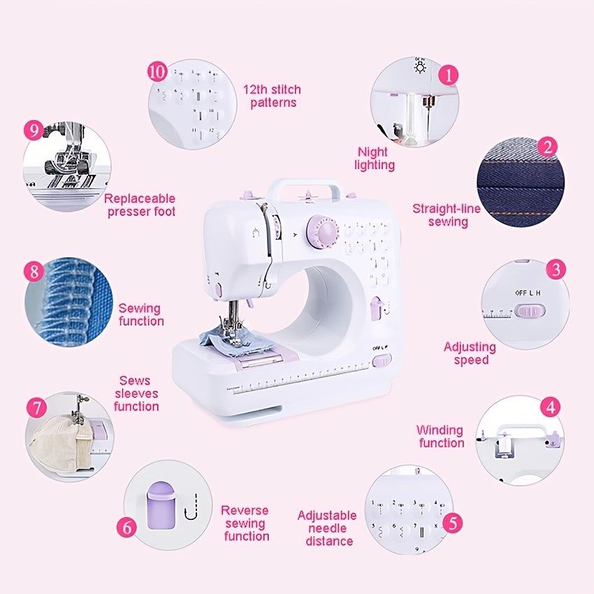 Portable sewing machine comply with European regulations - 12 stitches, dual-speed pedal, perfect for home and beginner use.