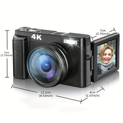 Zostuic 4K Ultra HD Digital Camera with 48MP Auto-Focus, 16X Digital Zoom, 180° Flip Screen, Anti-Shake, Built-in Flash, 32GB SD Card & Rechargeable Battery - Ideal for Photography