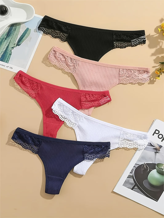 5 Lace Thongs, Sexy Low Waist Ribbed Panties, Women's Lingerie & Underwear