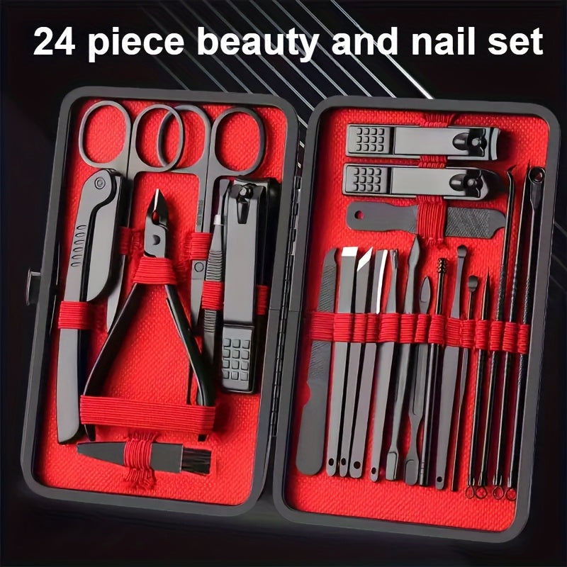 Nail clippers set with 8/15/24 pieces in a portable travel case for professional manicure and pedicure grooming on the go.