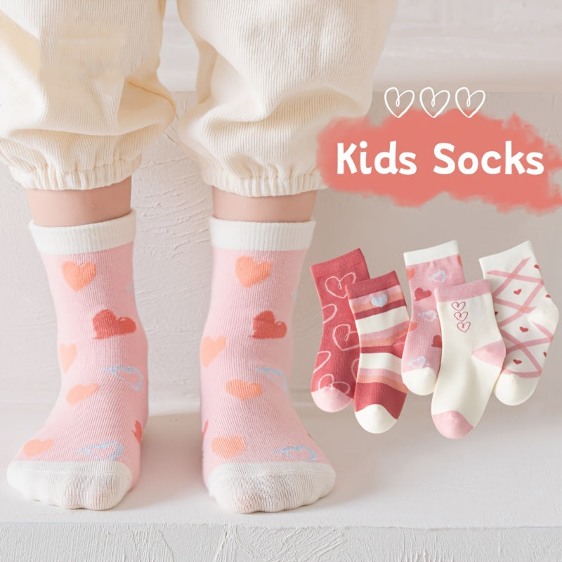 5 pairs of girl's kids socks with hearts, cartoon patterns, cute and sweet designs, breathable and comfy crew style, trendy for children.