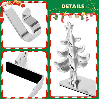 Set of 4 Sophisticated Metal Christmas Stocking Holders - Stylish Mantel Hooks featuring Snowman, Reindeer, & Tree Designs for a Festive Fireplace Display, Holiday Decor