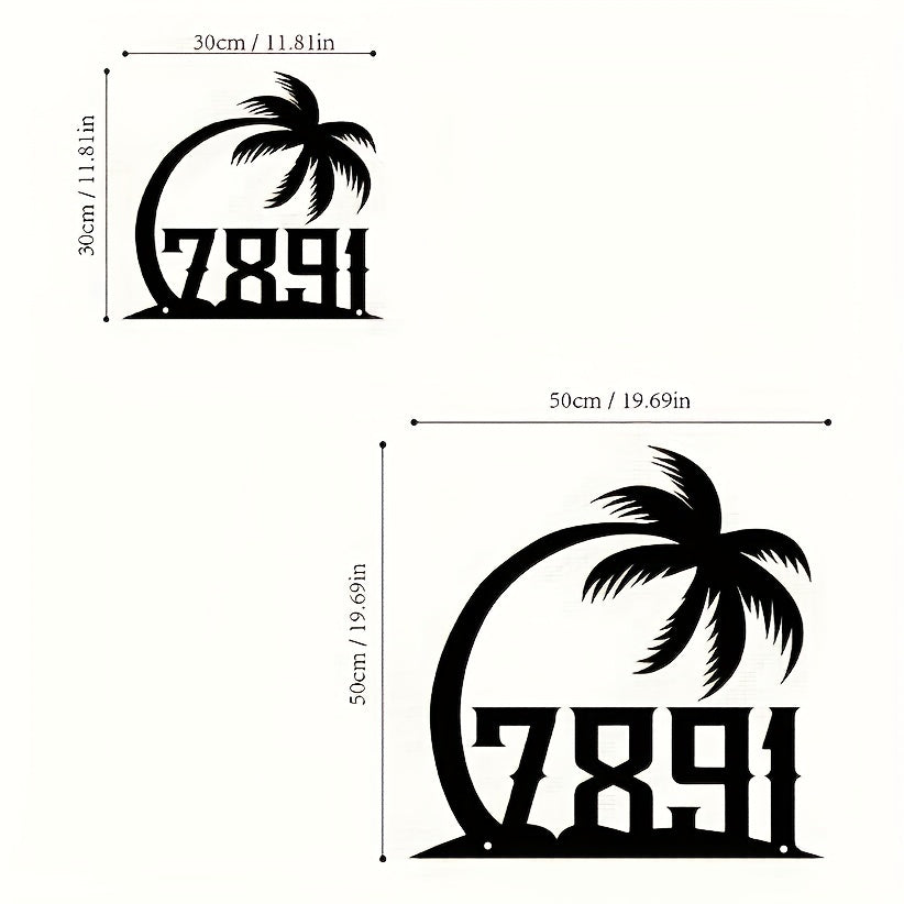 Customized metal sign featuring a palm tree design, complete with your house number and address - Perfect for adding a touch of beachy charm to your home décor. Hang it on your wall to complete the look.