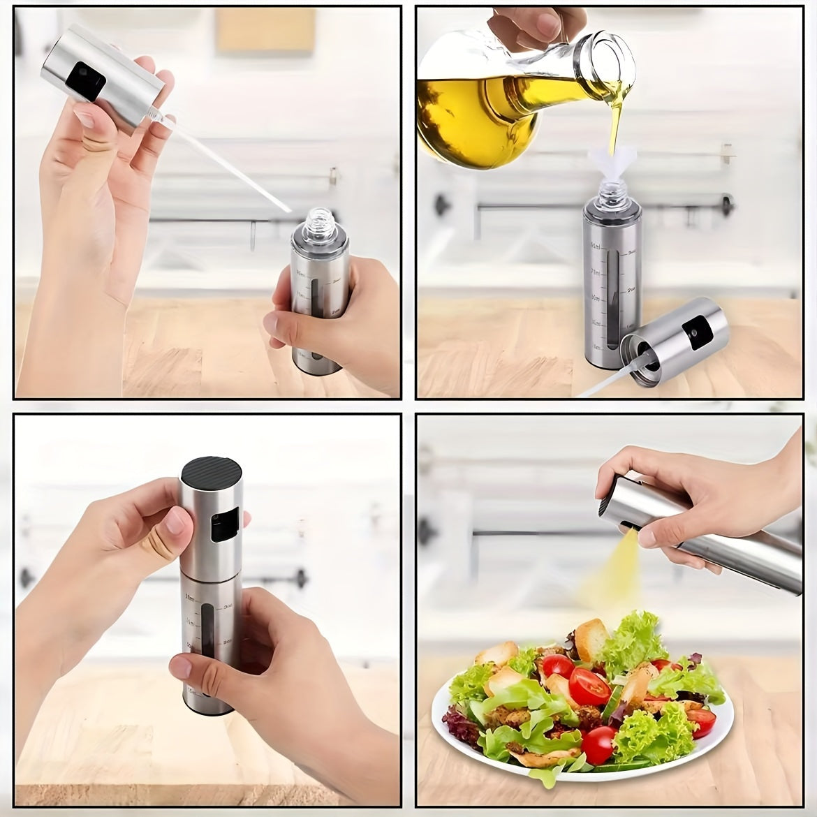 A 100ml stainless steel oil spray bottle for household kitchen use, perfect for seasoning and barbecuing with olive oil.