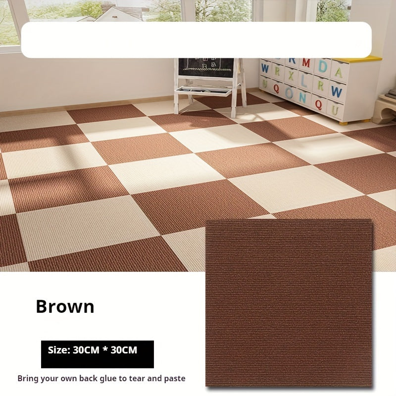 Pack of multiple self-adhesive carpet tiles in a square shape, suitable for both office and home use. These non-slip foam backed polyester rugs are machine-made with a solid pattern, making them perfect for enhancing the decor of any room, office, or