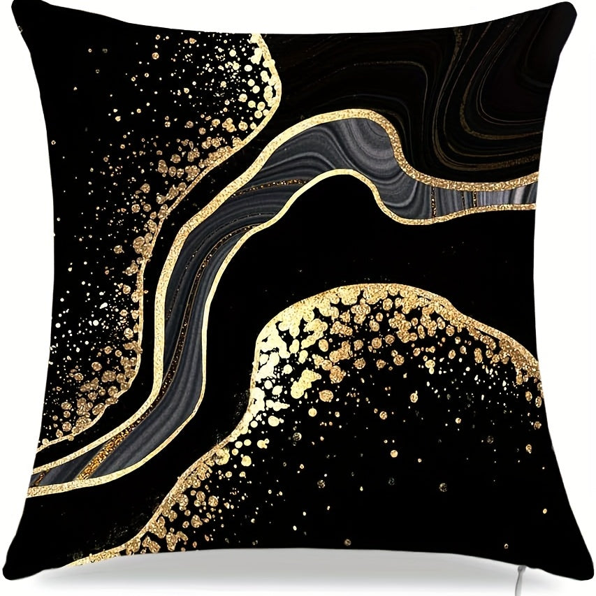 Set of 4 black and golden throw pillow covers in various sizes for accenting couch cushions and home decor.