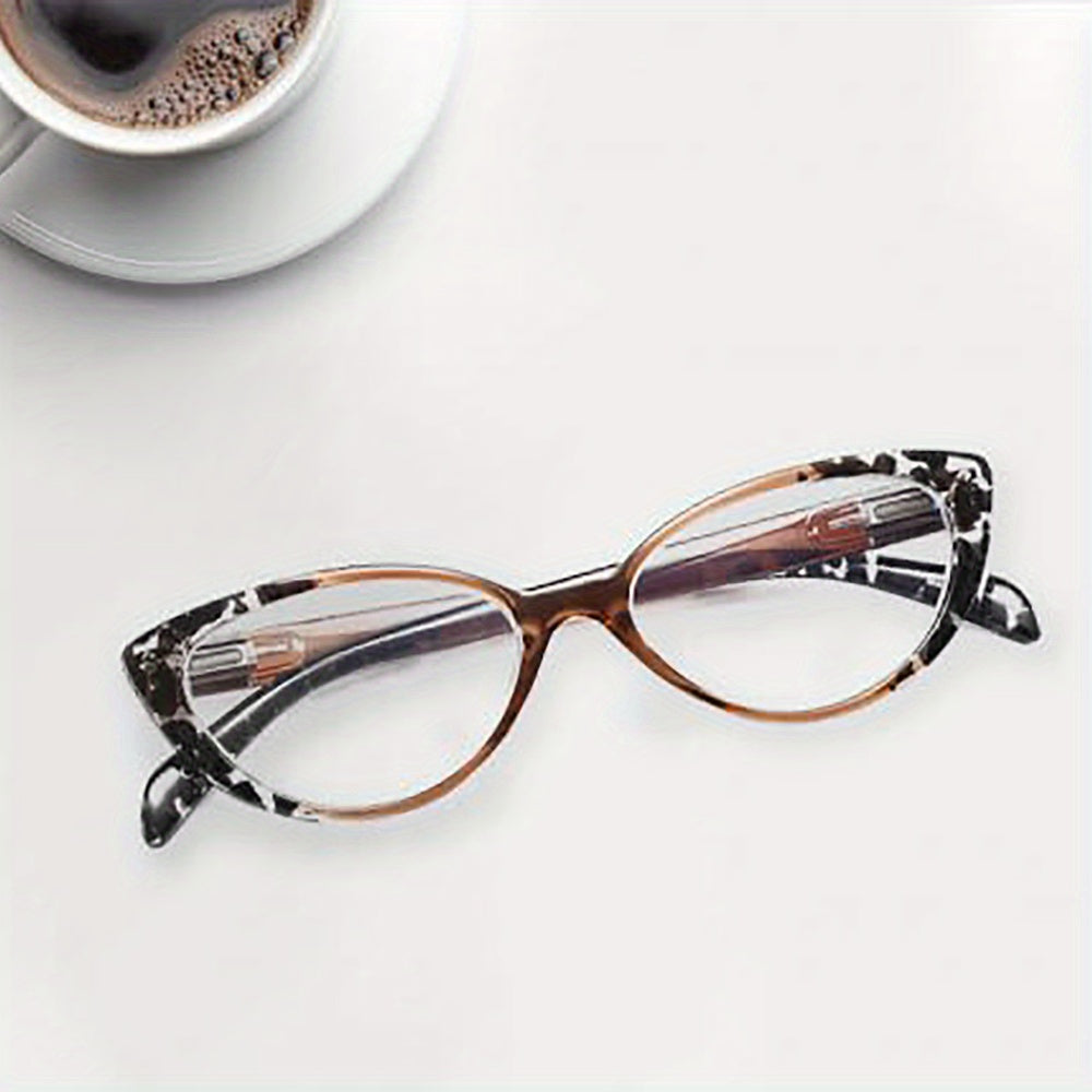 Women's blue light blocking reading glasses with cat eye design, spring hinges, anti-glare, and UV protection.