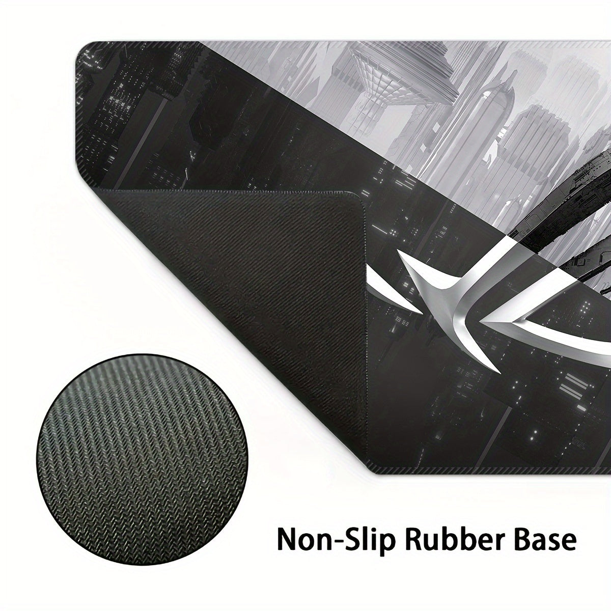 Large Asus gaming mouse pad with precision lock edges and non-slip rubber for comfortable gaming.