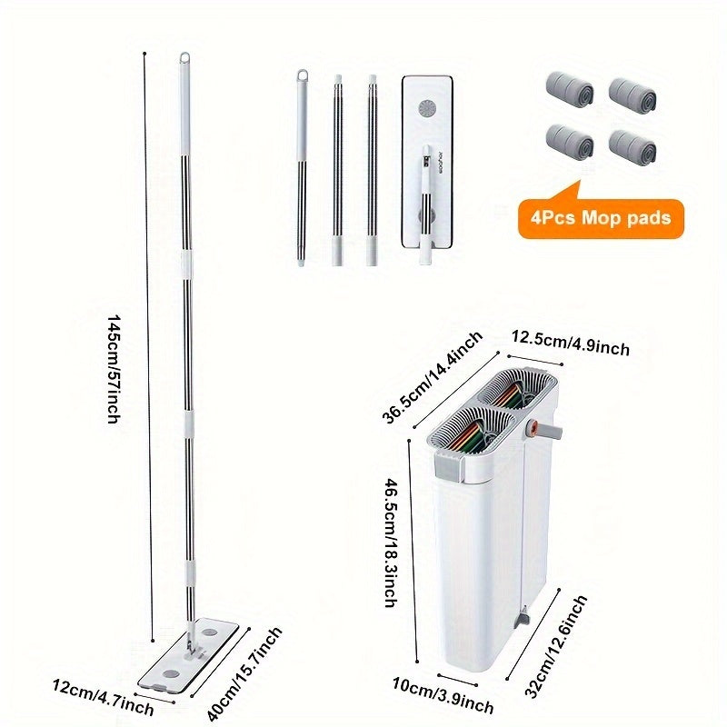 Get the ultimate cleaning solution with the 2-in-1 Wet and Dry Flat Mop and Bucket Set. This set includes 4 reusable mops for your convenience. Featuring hands-free wringing, 360° spin capabilities, and a durable metal and plastic construction, this set