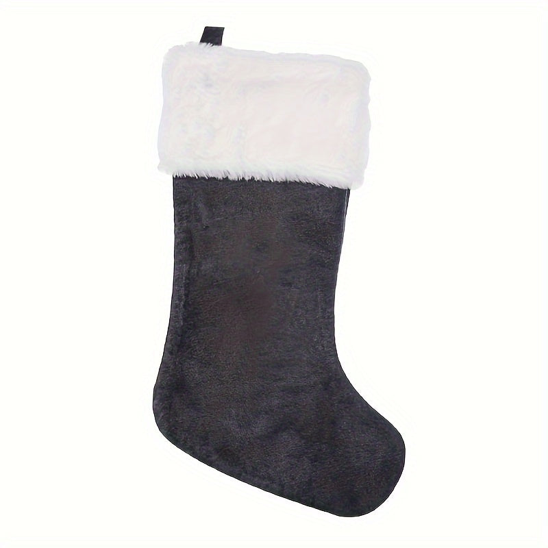 Modern Christmas stocking featuring 'HOME' embroidery in grey and white, made of polyester flannel, 43.18cm in length, feather-free, perfect holiday gift.