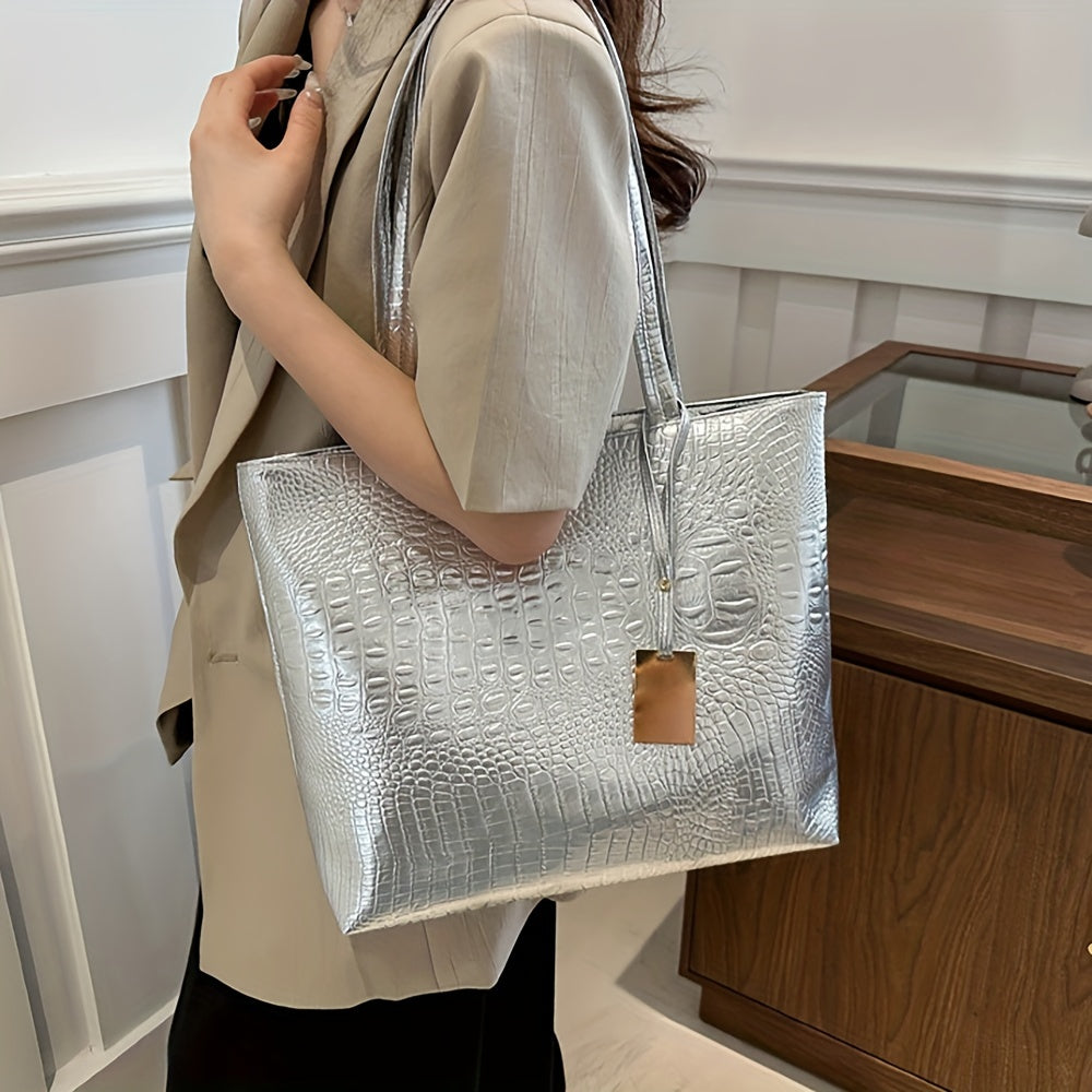 Lightweight, business casual tote with large capacity. Double handle shoulder bag made of PU material, features crocodile pattern detail, ideal for commuting and work.