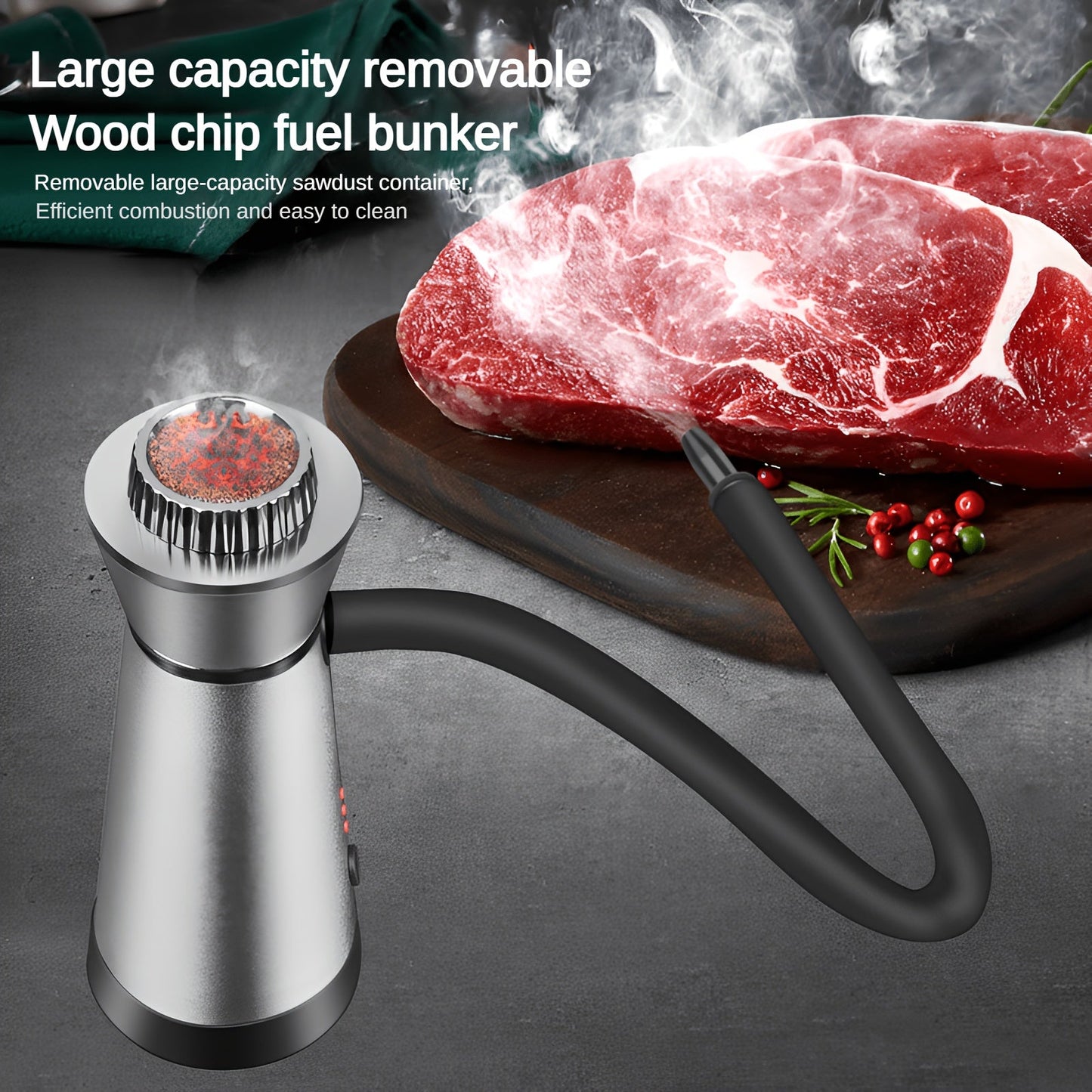 The Smoke Infuser is a portable handheld smoking gun made of durable aluminum and titanium construction. This innovative device is perfect for adding smoky flavor to cocktails and steak, making it a must-have tool for molecular gastronomy enthusiasts.