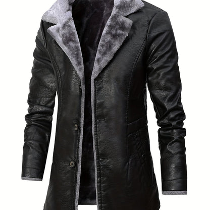 Men's mid-length jacket with plush collar and cuffs, button-up front, long sleeves, black, machine washable.