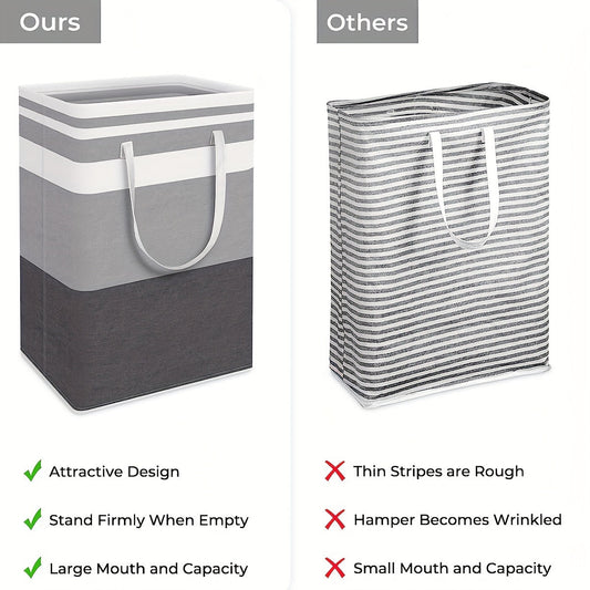 Large laundry baskets, available in singles or sets of two, are waterproof and designed for independent use. The high-tube baskets are foldable and have extended handles, making them suitable for dormitories and families. Available in gradient gray, each