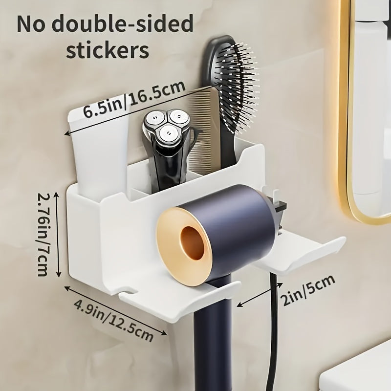 Wall-mounted hair dryer holder with dimensions 16.5x7x12.5cm, hands-free stand for small to large dryers, space-saving bathroom organizer.