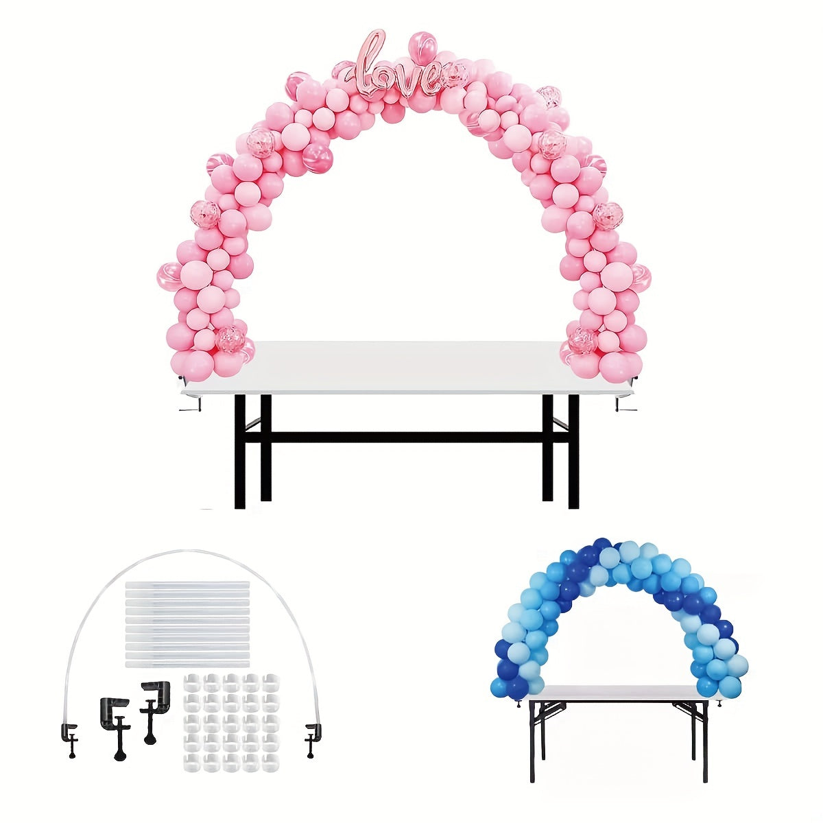 Kit for customizable balloon arch and column stands for table decorations at weddings, baby showers, and birthday parties, including adjustable arch kit and 160.02 cm balloon tower stand with pole and water-fillable base.