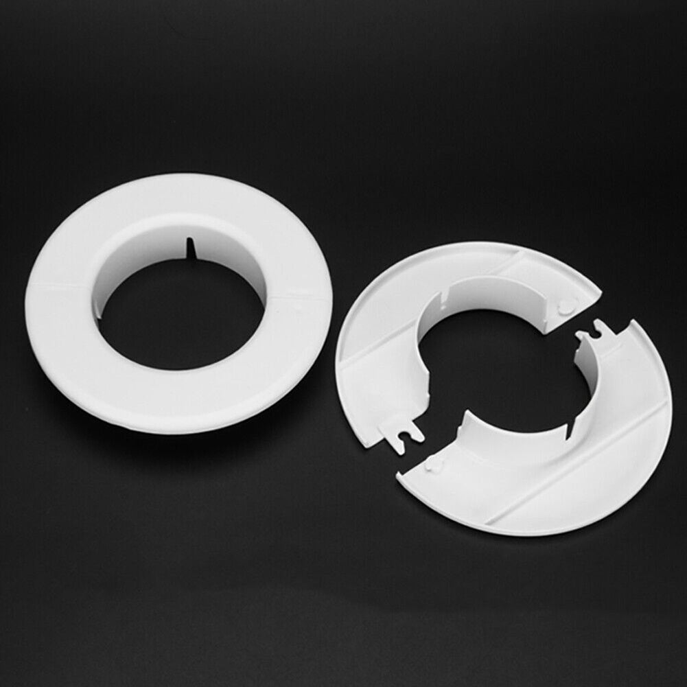 Set of four white plastic covers for air conditioner holes, made of PP material. These decorative caps are designed to protect wall-mounted pipes with hole sizes of 5.0cm, 5.99cm, 7.01cm, and 8.0cm.