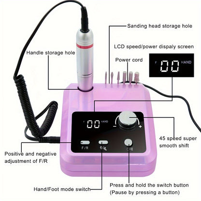 High-speed electric nail drill for professional manicures and pedicures, includes HD display and accessories for polishing and cuticle removal.