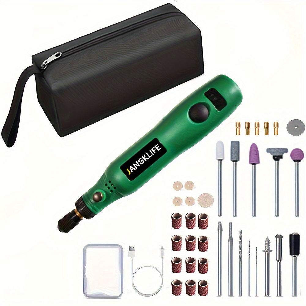 Rechargeable engraving pen with cordless rotary tool and adjustable speed for carving, ideal for portable wood engraving, sanding, and polishing.