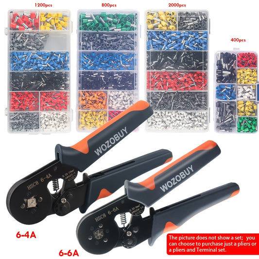 Crimping Tool Kit with HSC8 6-4A/6-6A Crimper Pliers and various wire connectors and terminals.