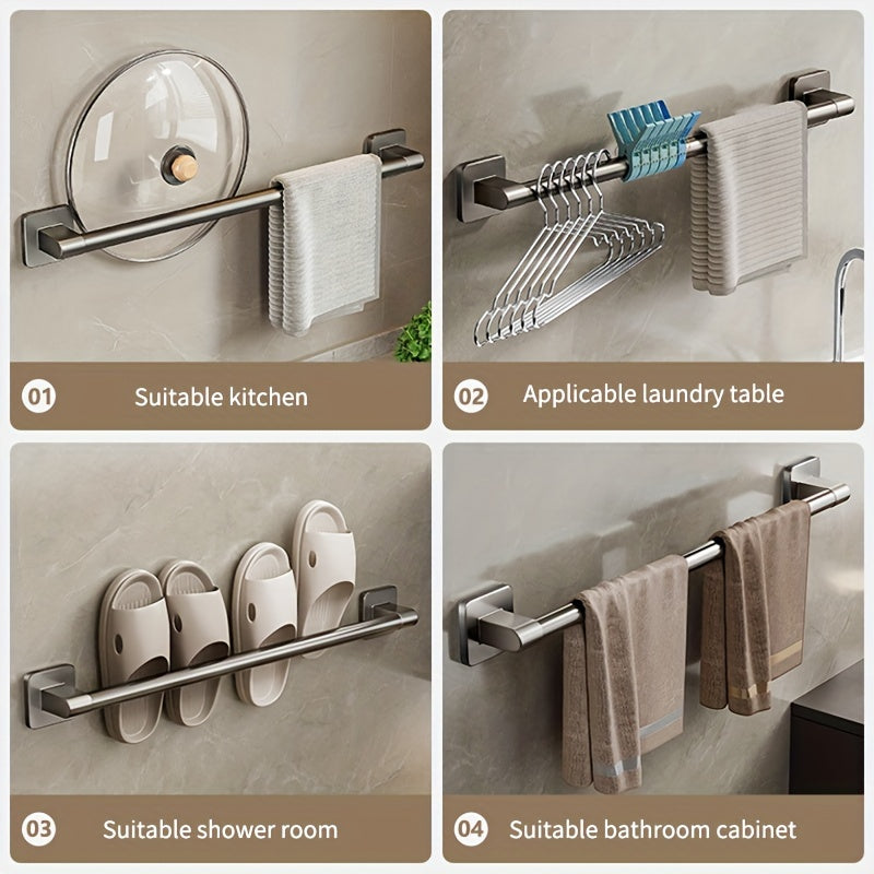 Space-saving self-adhesive towel bar made of rustproof aluminum and durable ABS for easy installation in bathrooms and kitchens. Available in 30/40/50cm options with a sleek modern design, perfect for storage and as a gift decoration.