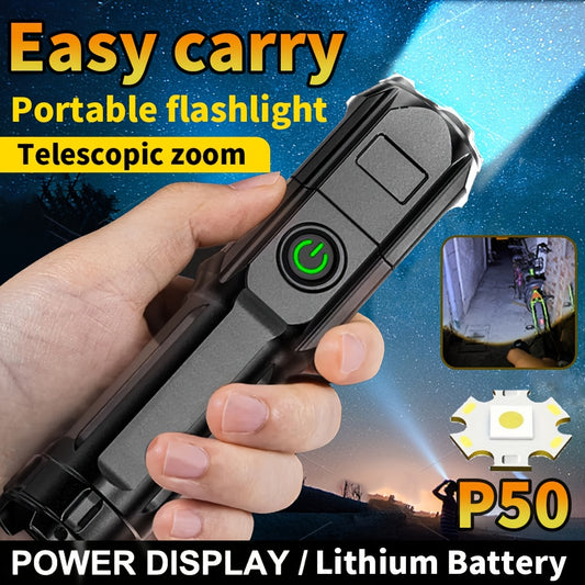 Rechargeable P50 LED flashlight with telescopic zoom and USB charging, 800mAh battery, non-waterproof. Ideal for outdoor activities, camping, and car repair.